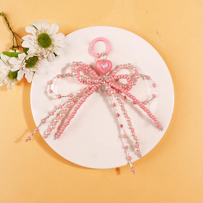 Sweet Bowknot Handmade Beaded Key Ring Pendant Portable Mobile Phone Lanyard Backpack Decoration Accessories Gifts