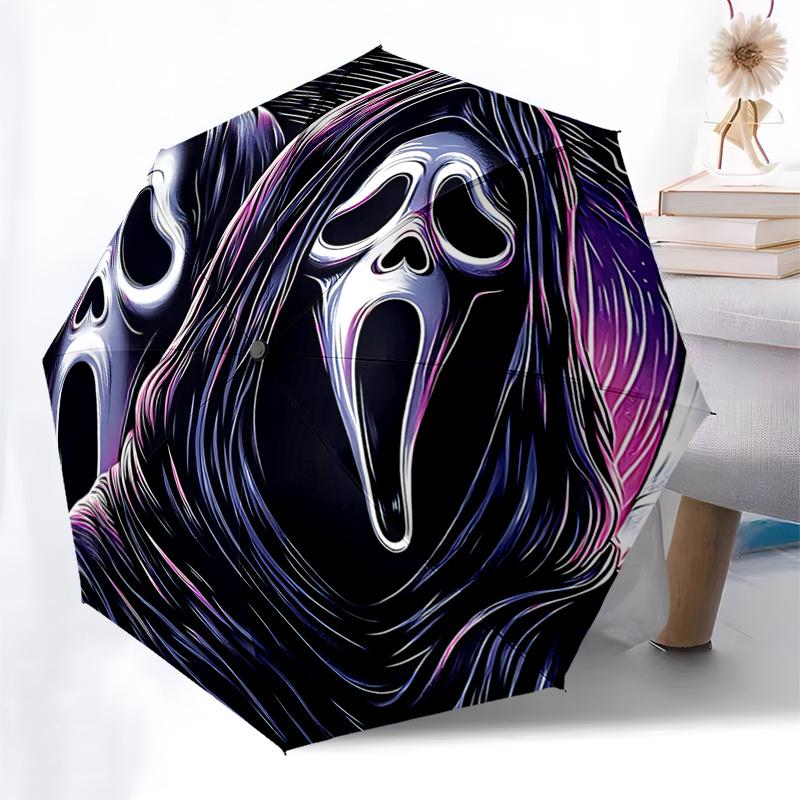 Scream Mask Auto-Folding Umbrella: Portable 3-Fold Design with 8-Bone Frame - Perfect for Fans, Travelers, and Daily Use0104240a