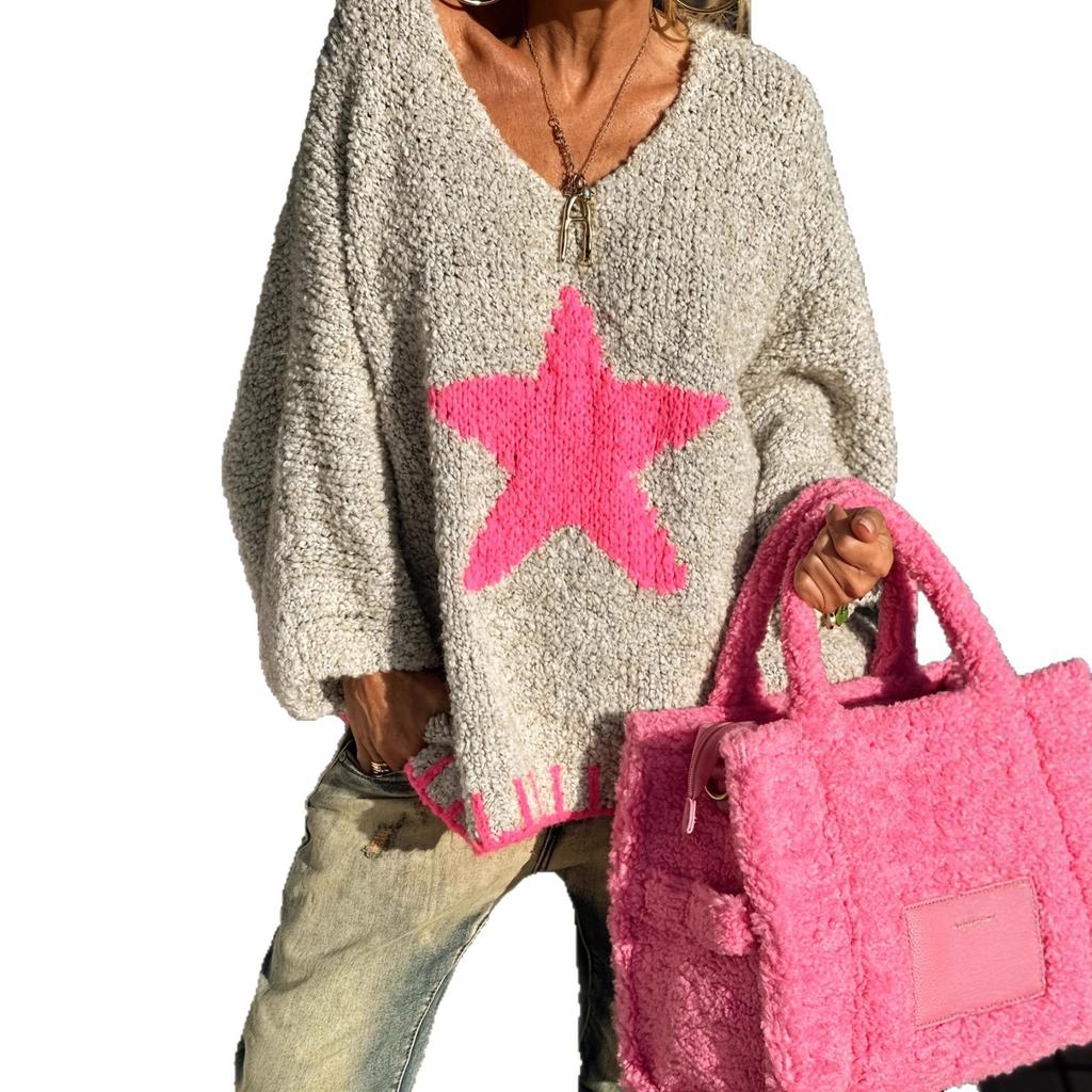 2025 Autumn New Foreign Trade Star Pattern Women's Sweater Casual Loose Circle Yarn V-neck Knitted Sweater
