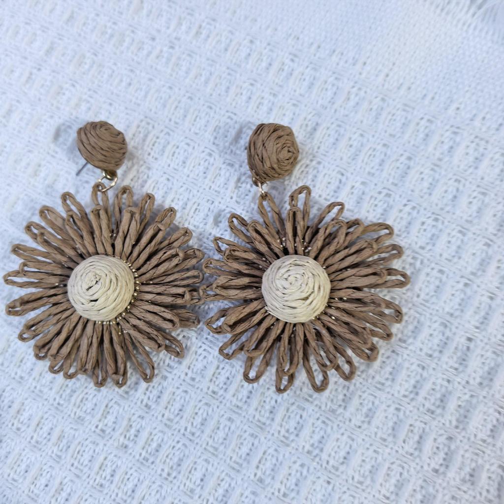 Handmade Raffia Flower Earrings with Steel Posts - Niche European & American Fashion Accessory