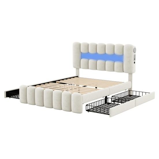 140 X 200cm Large Storage Capacity Upholstered Bed with LED Light Strip USB 4 Drawers Headboard Ergonomic Design Velvet Cover Teen Bed Home