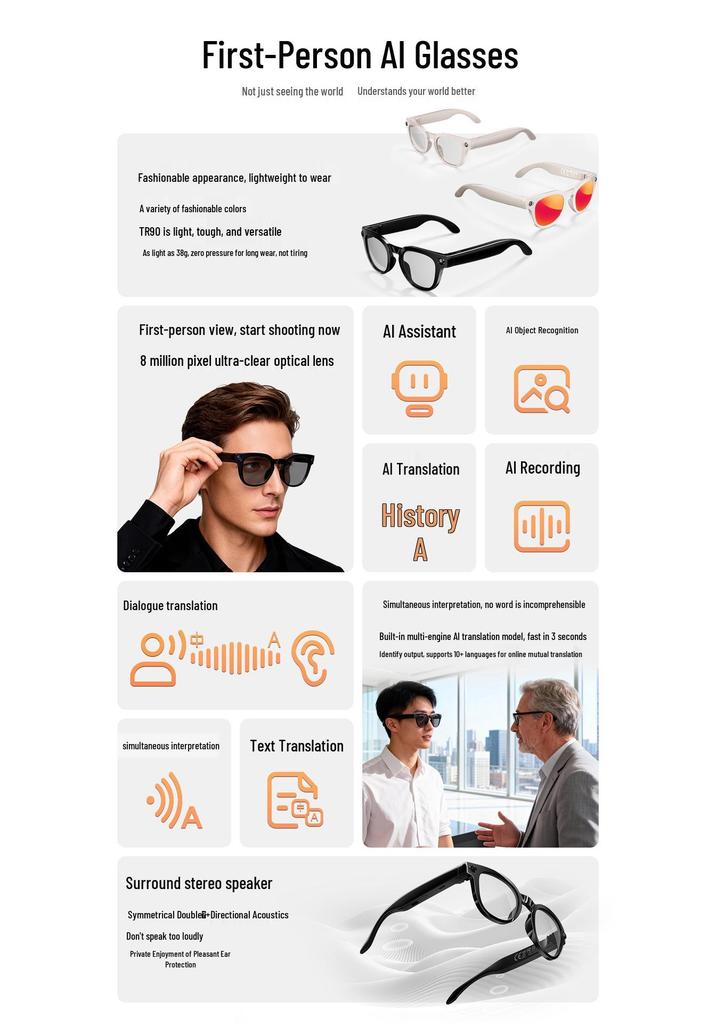 MT3 AI Smart Glasses: 8MP Camera for HD Photo/Video, AI Object Recognition