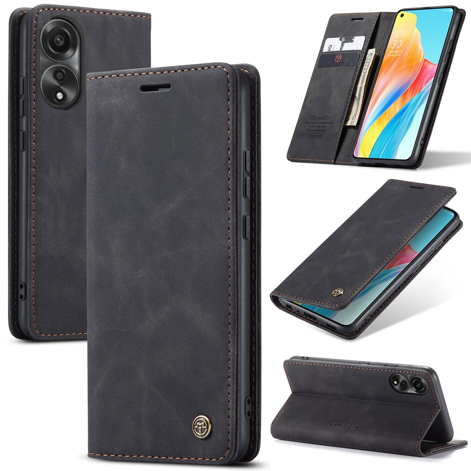 

CASEME 013 Series For Oppo A78 4G Case PU Leather Stand Magnetic Closure Phone Cover Black