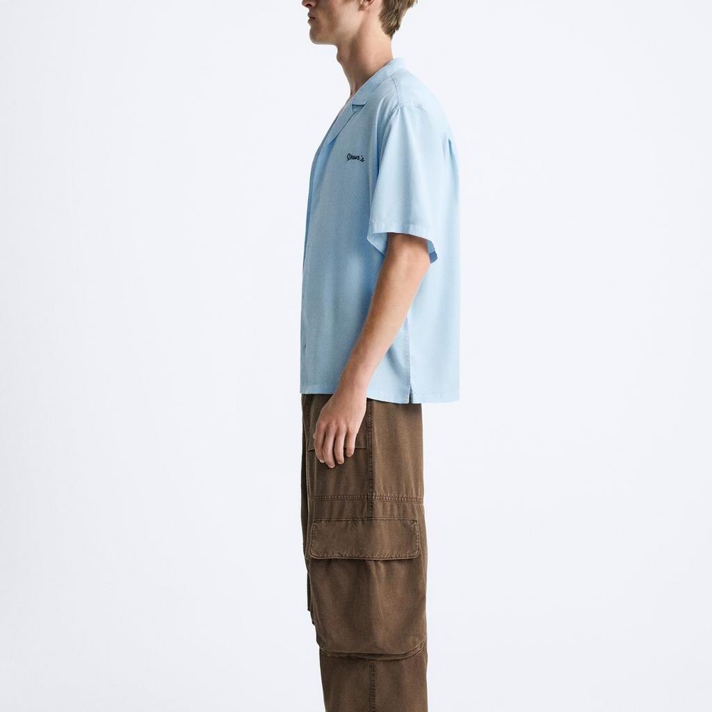 Zara Loose Embroidered Lapel Short Sleeve Shirt Men shirts Sky-Blue 1063399-403