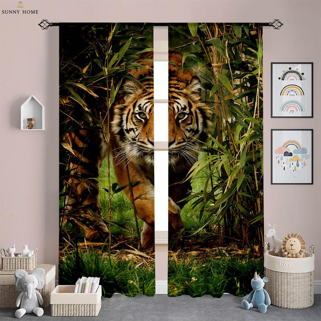 Cool Black And White Tiger 3D tištěné závěsy Kuchyně Obývací pokoj Ložnice Studovna Dekorativní tyčové kapesní závěsy 2 kusy