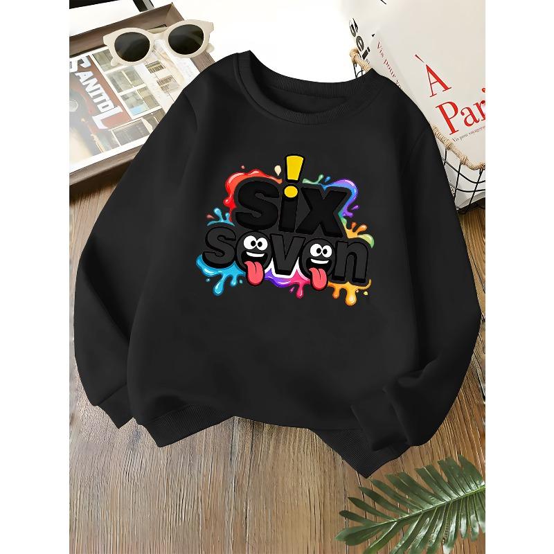 Kids Unisex Crewneck Sweatshirt, Funny Cartoon Face Six Seven Letter Color Splash Print Soft Long Sleeve Pullover For Boys Girls Over 4 Years Old