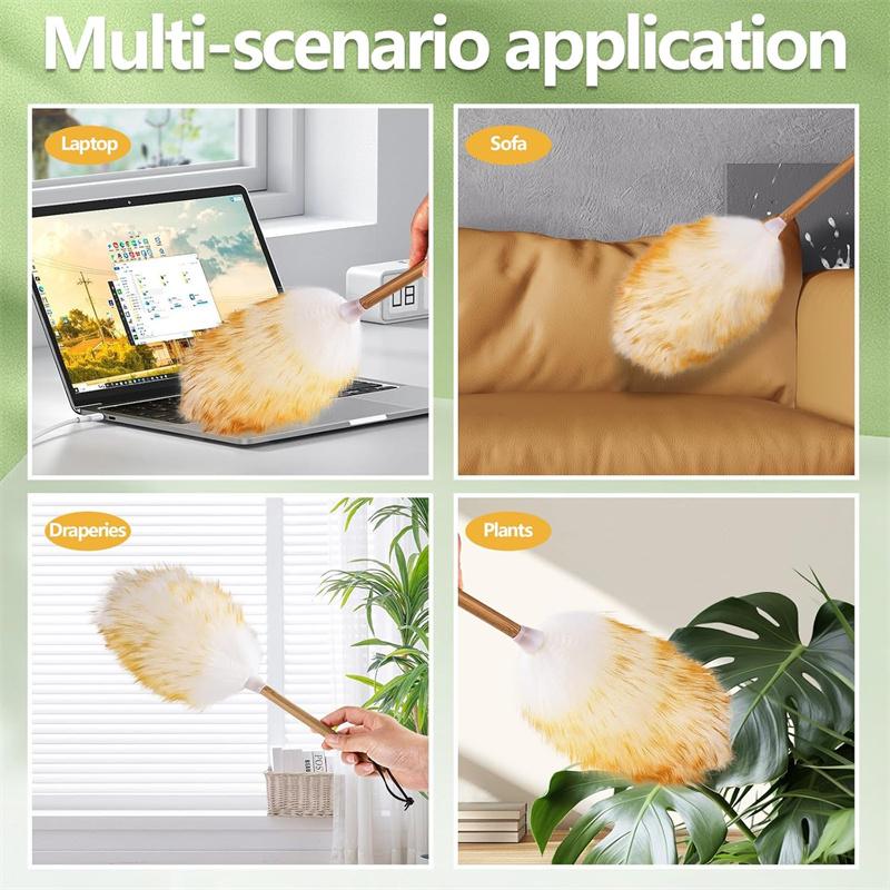 Lambswool Dusters For Cleaning With Solid Wooden Handle, Leather Hanging Strap, 15 Inch Natural Wool Duster