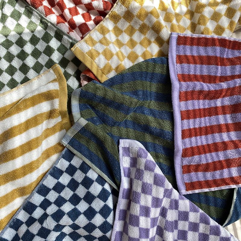 Vintage Ins Jacquard Checkered Long Pile Face Towel Wash Towel Household Bath Towel Absorbent Large Gift