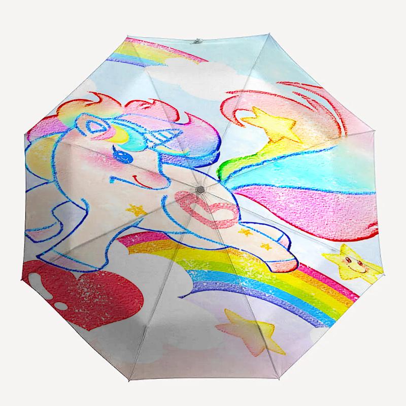 Regenbogen-Einhorn Automatisches Öffnungs-/Schließschirm mit Herz-Design Tragbar 3-fach faltbar, 8-Rippen Eisenrahmen Outdoor-Schirm für Fans,