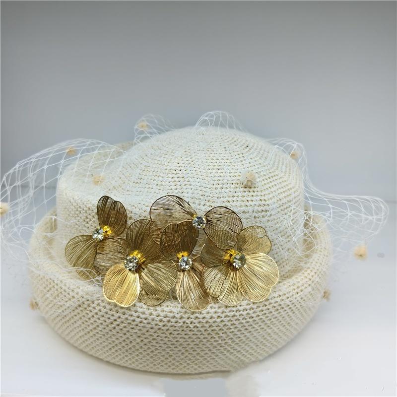 

202603-YNS chic ins spring ventilate knit fabric metallic color flower grace leisure lady bucket cap women fishermen hat head size 57cm молоко, білий колір