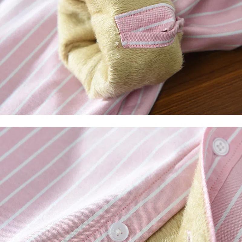 Winter Warm Men Tops Daily Casual Long Sleeve Striped Shirts for Men Pure Cotton Men Clothing Lapel Collar Fleece Shirt with Pocket