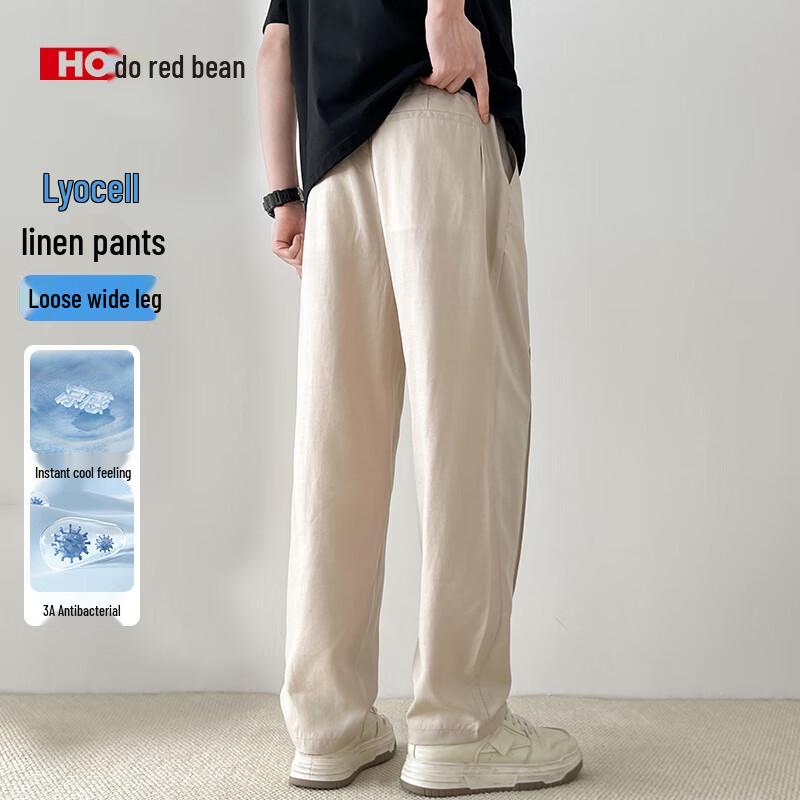 Hongdou Men s Tencel Linen Ice Silk Wide-Leg Casual Pants L