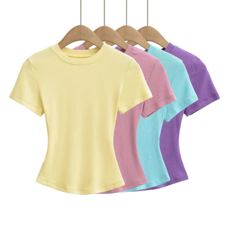 Summer New Female American Spice Girl Solid Color Crew Neck Short Sleeve T-Shirt Basic Threaded Bottom Top