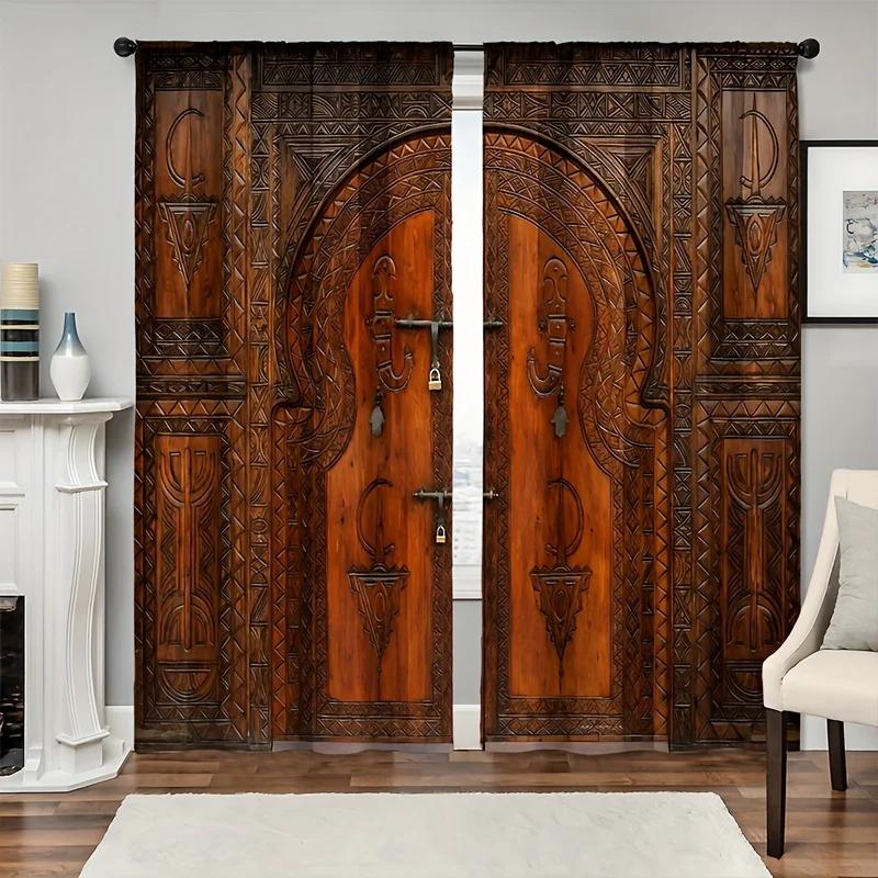 

2 шт. Нові модні дерев яні штори для декору дверей, напівтіньові штори з 3D цифровим друком, штори з кишенями для карниза для вітальні, офісу, домашнього декору W50 X H160(CM)X2&Hook