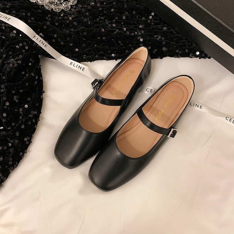 Grape mother has the same spring 2025 new French calfskin square head bow ballet shoes women's flat shoes