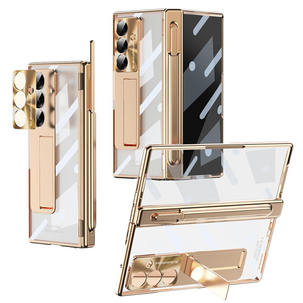 

For Samsung Galaxy Z Fold7 5G Case Magnetic Hinge Electroplated PC Phone Cover with Tempered Glass Film/Stylus Gold