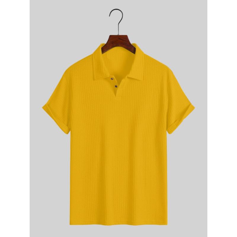 Men's White Waffle Knit Polo Shirt Short Sleeve Button Down Collar Casual Business Top