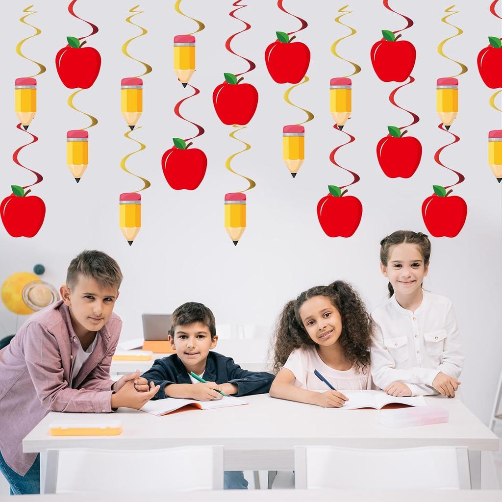 60PCS Back To School Party Swirls Decorations First Day of School Hanging Swirls Welcome Back To School Apple Pencil Hanging Decor Supplies for