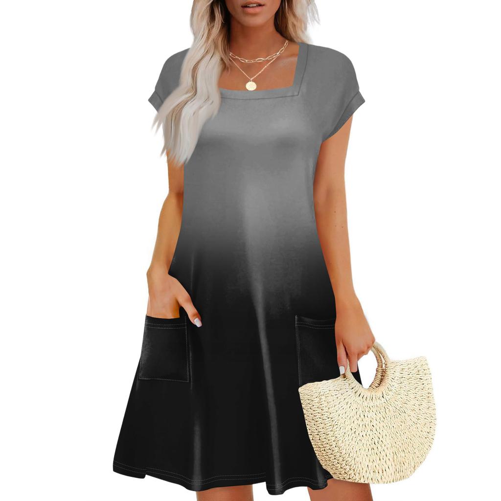 Summer Dresses For Women Loose Square Neck Cap Sleeve Casual Beach Vacation Tshirt Dress Sundresses With Pockets
