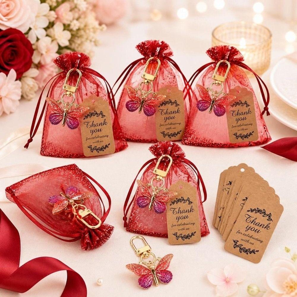 6Set/Pack Gradient Design Butterfly Keychain Gift Set Brown Cards Party Gift Bag Organza Drawstring Bags Party Favor
