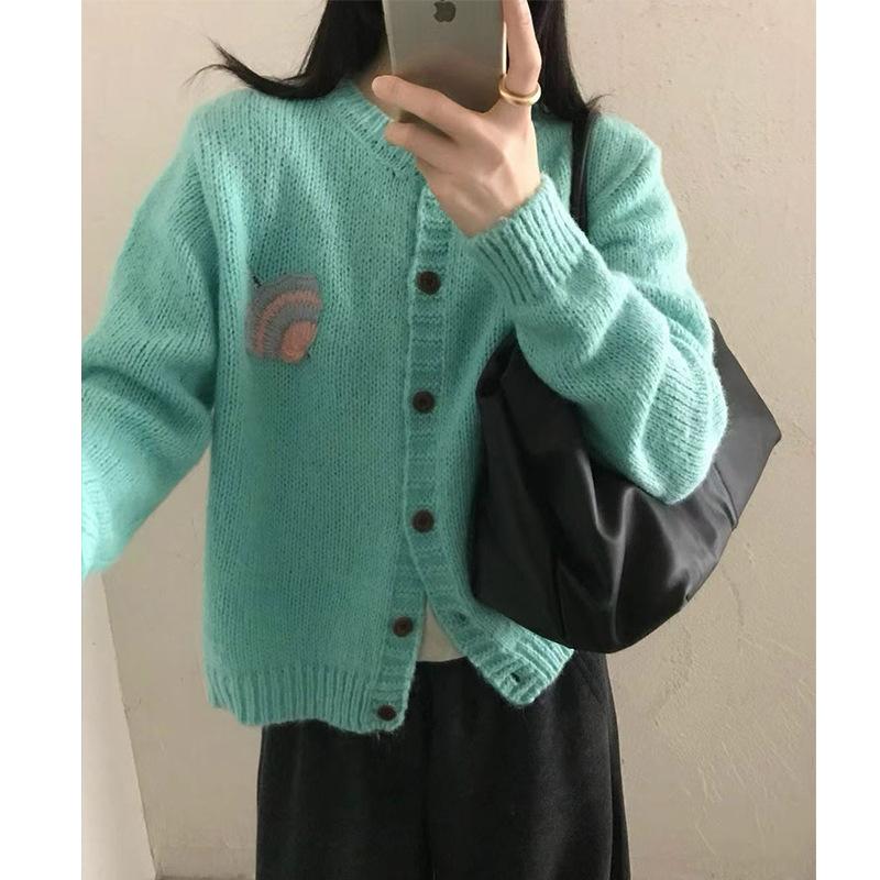 American Personalized Embroidery Pattern Round Neck Long Sleeve Knitted Cardigan Women'S Autumn And Winter Loose Casual Sweater Jacket