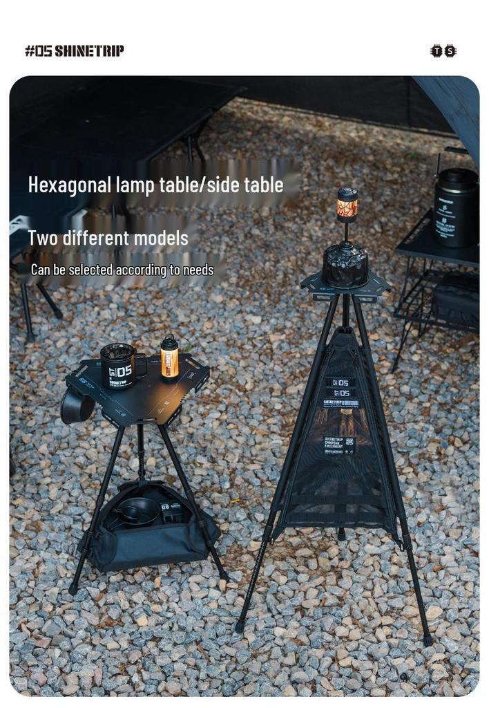 Mountain Fun Hexagonal Camping Table: Portable with 19 Lights, Lifting Storage Rack, and Detachable Aluminum Alloy Design.