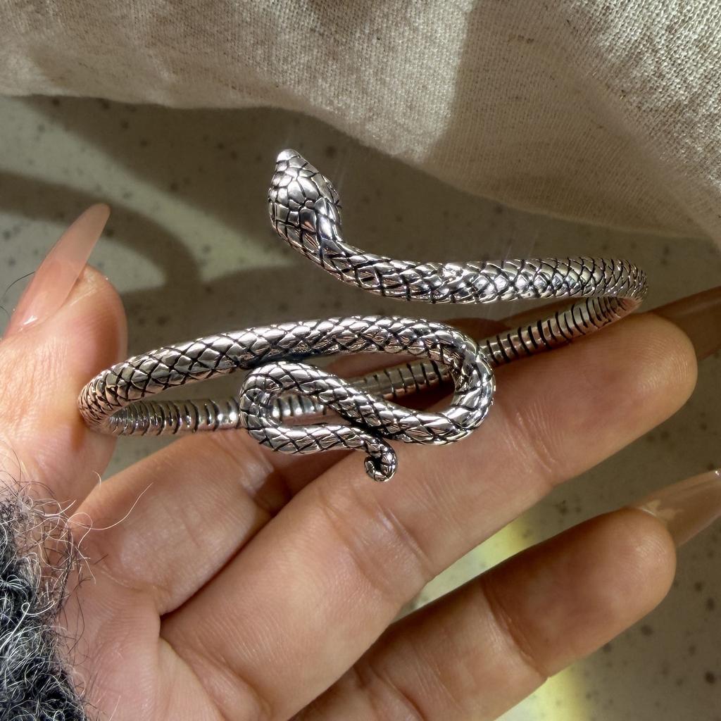 100% Solid 925 Sterling Silver Retro Bracelet for Women Men Vintage Handmade Snake Simple Bracelet Birthday Gift
