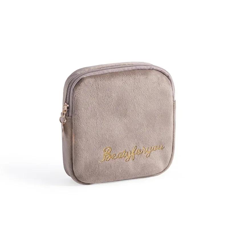 

Women s Cosmetic Bag Zipper Velvet Letter Embroidery Solid Make Up Pouch for Cosmetics Toiletry Case Female Make Up Bags хакі