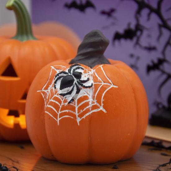 Halloween Pumpkin Figurine Spooky Bat Ghost Spider Web Pumpkin Statue Resin Tabletop Decoration for Home Mantel Shelf Decor