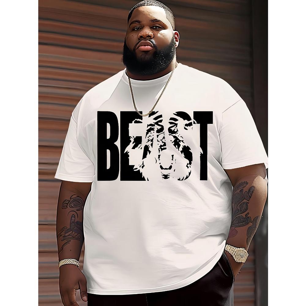 

Front letter print crew neck short-sleeved T-shirt top comfortable breathable fabric casual sports style men 3XL