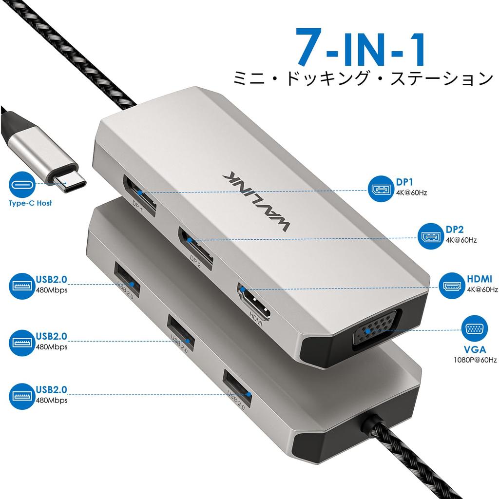 WAVLINK USB-C Dock Quad Monitor, 7-in-1 Laptop Docking Station, Dual 4K DP, 4K HDMI, 1080P VGA, 480Mbps USB 2.0-A Multiport Adapter for MacBook, Dell