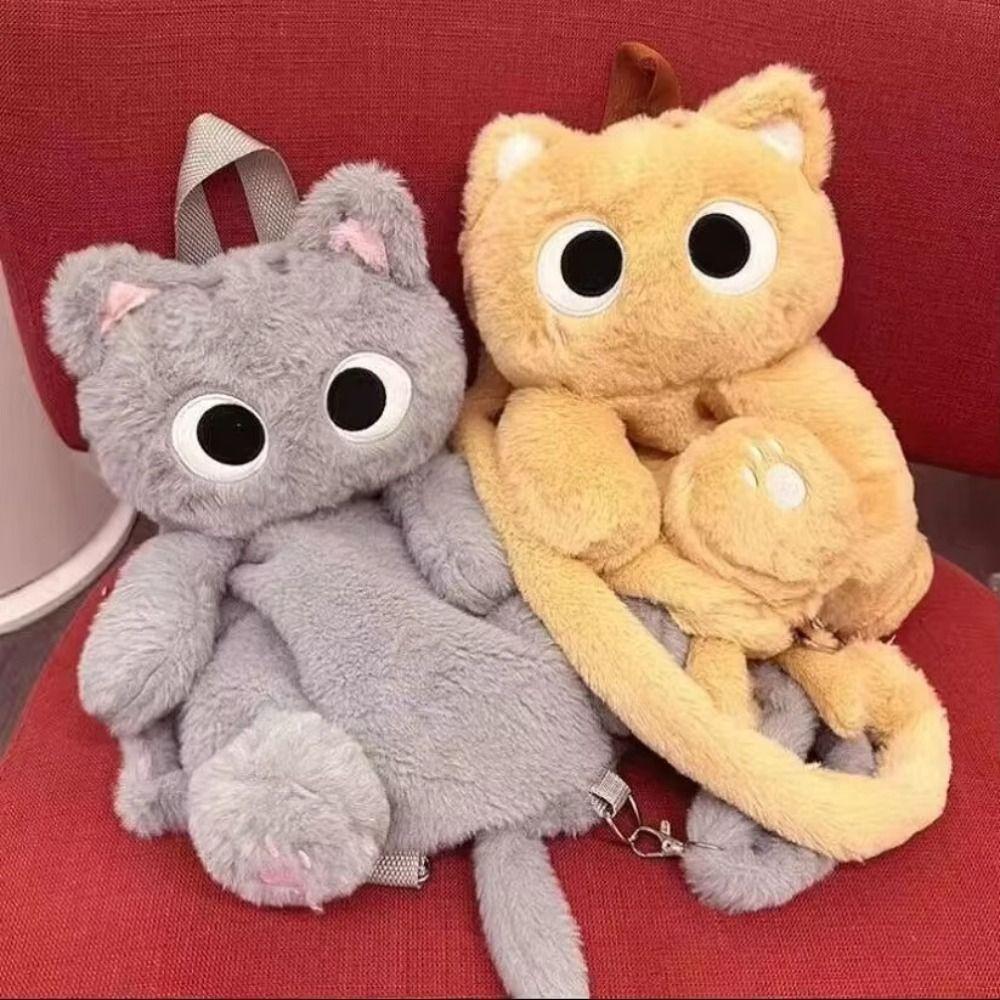 Big Eyes Cat Cartoon Backpack Large Capacity Funny Plush Toy Bag Mini Plush Cat Shoulder Bag Women