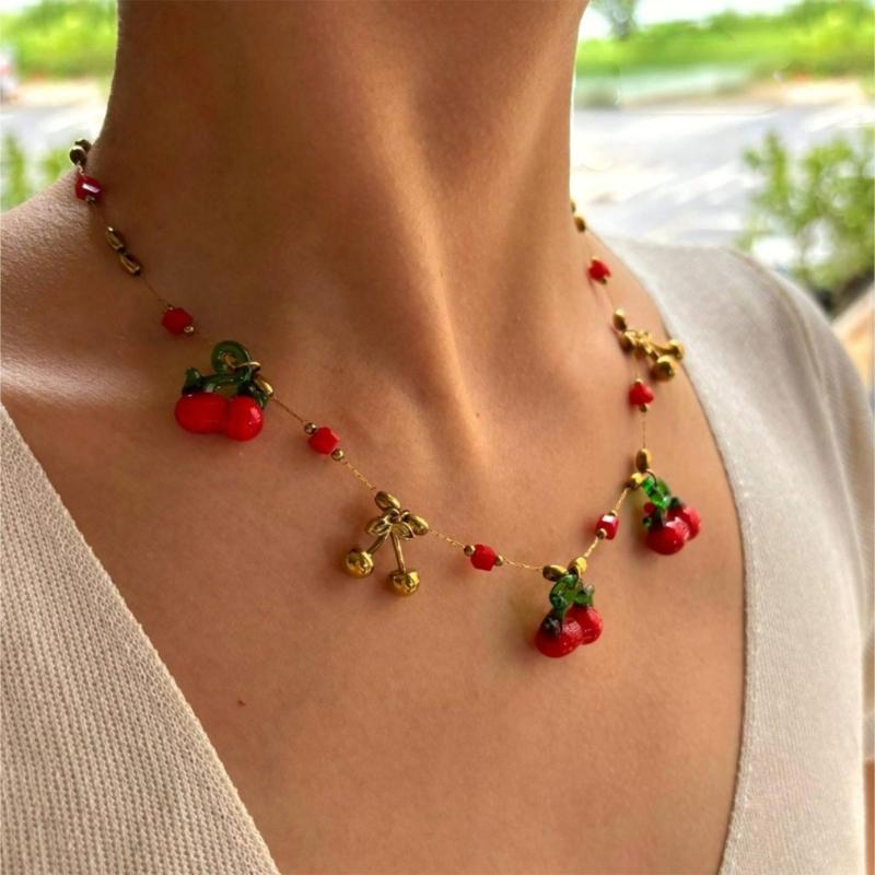 Sweet Cherry Inspired Necklace Stainless Steel Pendant Spring Summer Jewelry Gift Adjustable Chain For Daily Wear