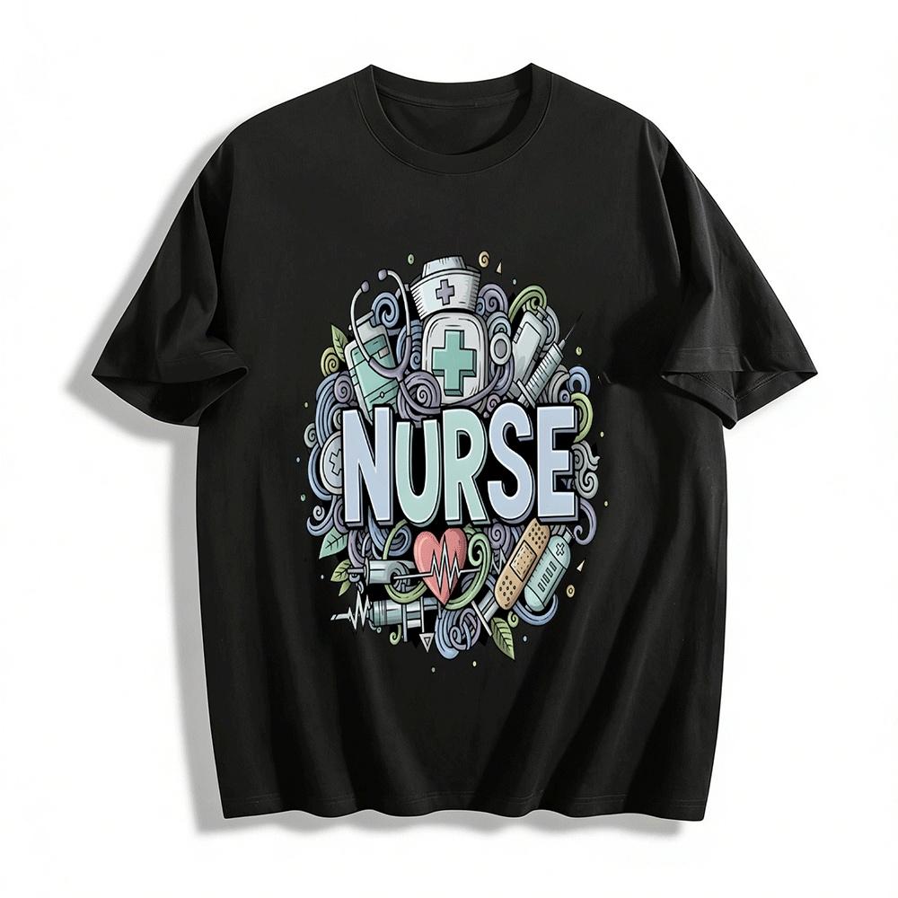 Nurse Themed Print Casual Tee For Medical Workers Nursing Lovers Pure cotton T-shirt
