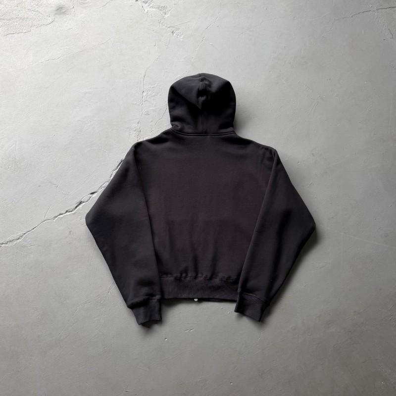 Erkek Retro Nakışlı Yama Kapüşonlu Fermuarlı Sweatshirt Seti - Siyah Pamuklu Polar Eşofman Takımı Sonbahar