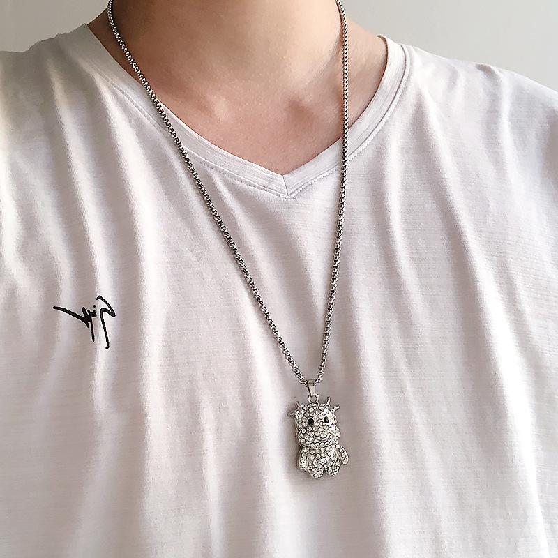 Trendy Cross-Border Rhinestone Pendant Necklace: Unisex Hip-Hop Style Stainless Steel Chain.