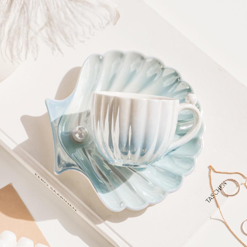 

European Pearl Shell Ceramic Coffee Cup & Saucer Set - Afternoon Tea Gift 201-300ml