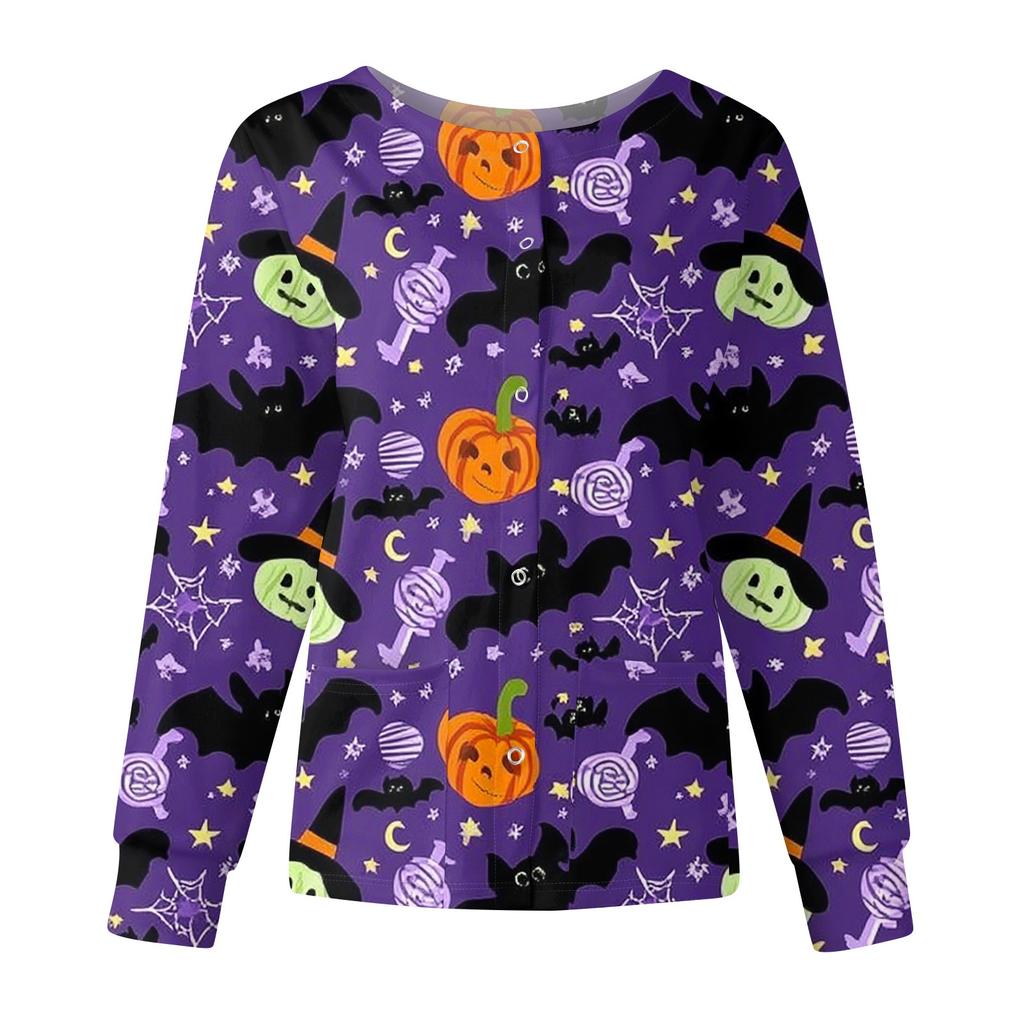 Women's Casual Fashion Long Sleeve Standing Collar Single Breasted Halloween Printed Workwear Jacket Tops