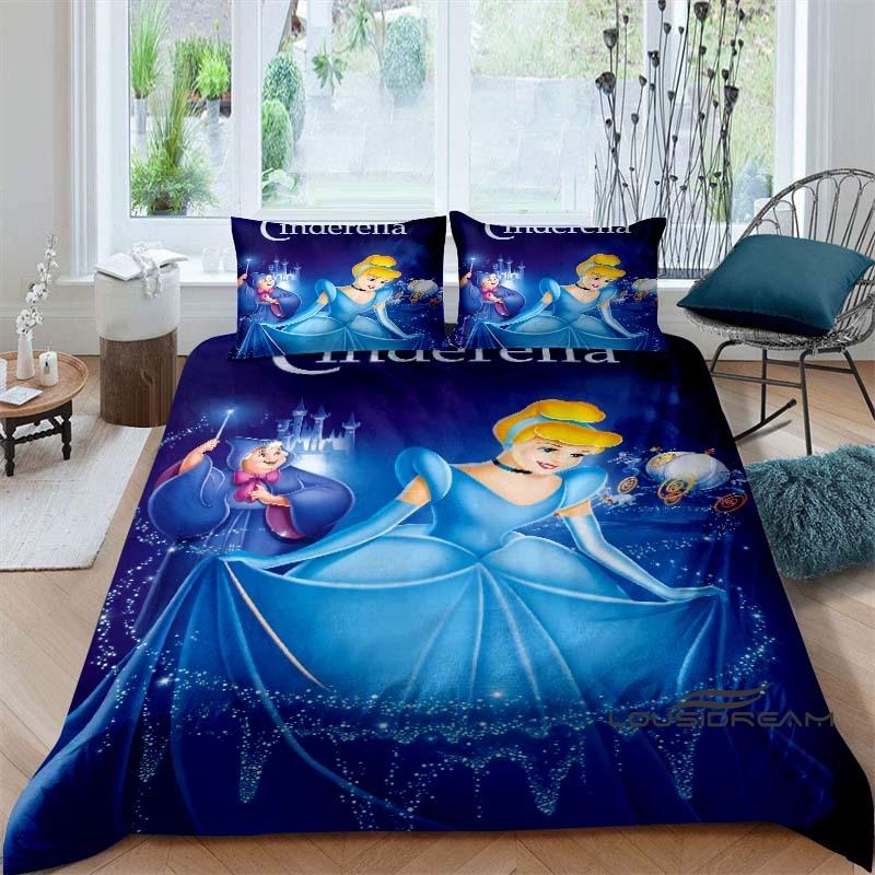 Cartoon-themed Cinderella fairy tale duvet cover and pillowcase bedding set, suitable for boys' and girls' bedrooms, and as a