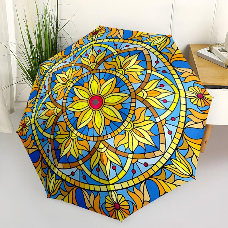 1pc Stained Glass Mandala Automatic Folding Umbrella, Lightweight Retractable Compact Travel Umbrella, 8-Rib Sturdy Frame, Fine Outdoor Umbrella134