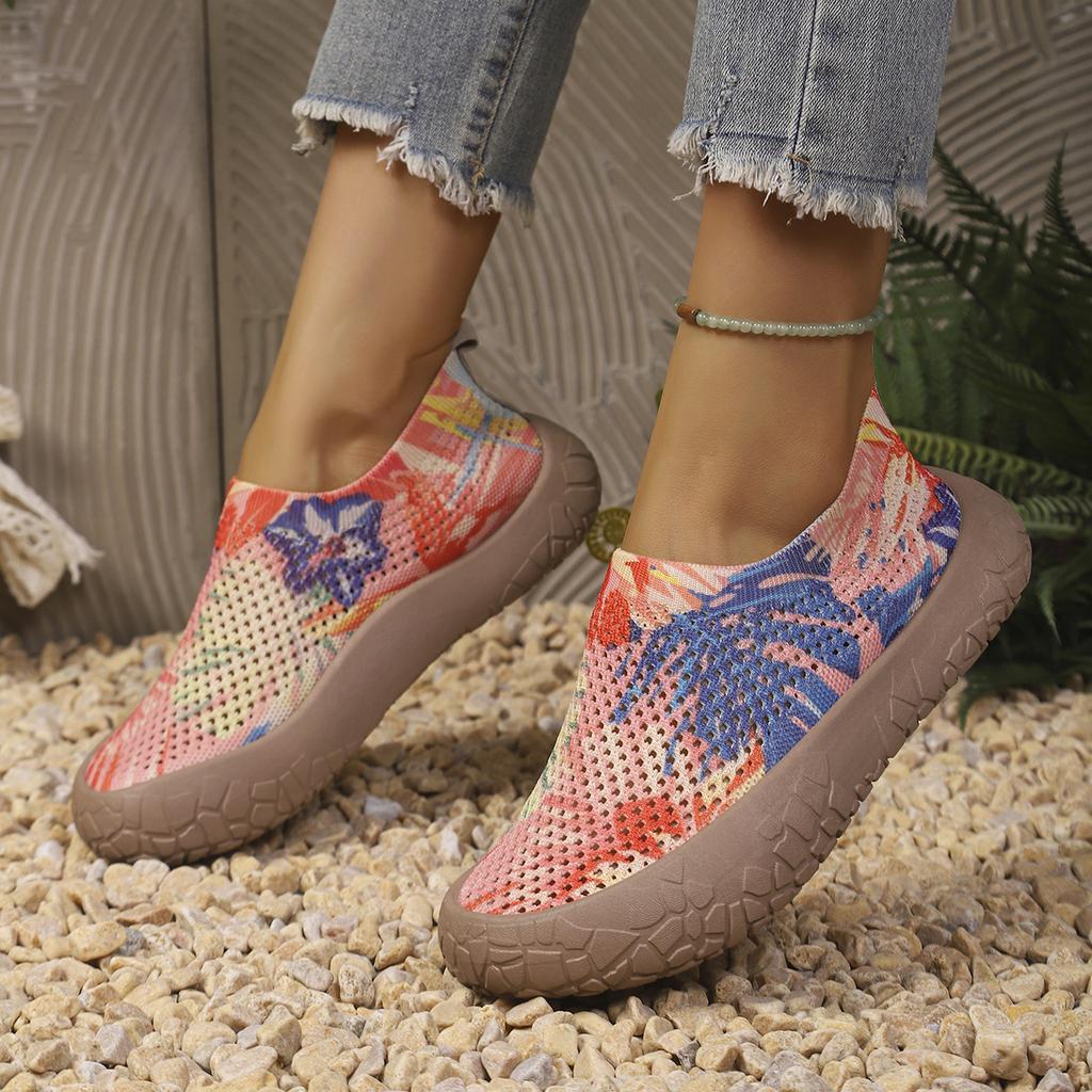 Mandala Floral Print Women Slip On Sneakers 4cm Thick Platform Sole Breathable Knit Non Slip Casual Walking Lazy Shoes