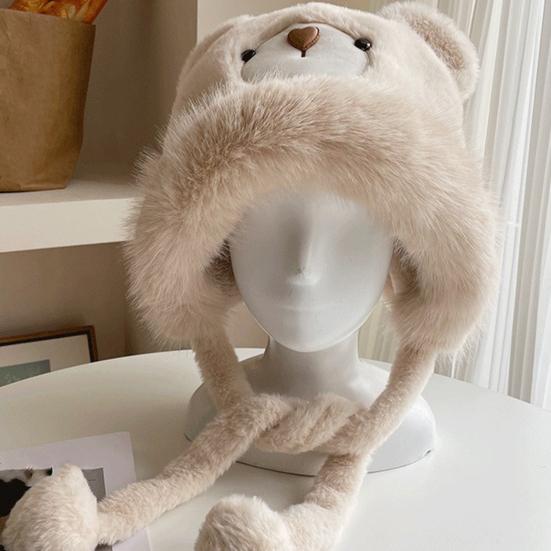 Women Hat Solid Color Thickened Plush Bear Warm Hat