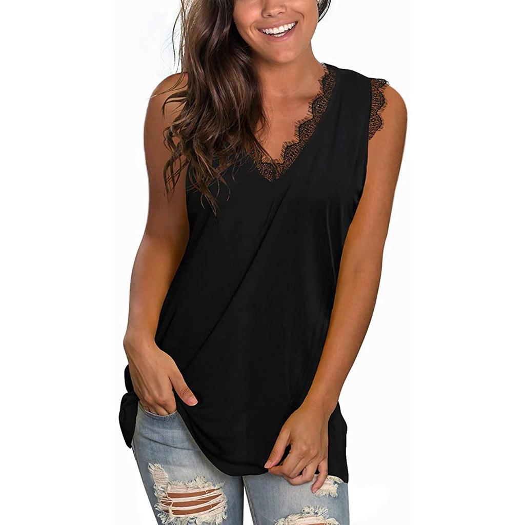 Womens Tunic Lace Tops V-Neck T Shirts Sleeveless Blouse Floral Side Split Tanks