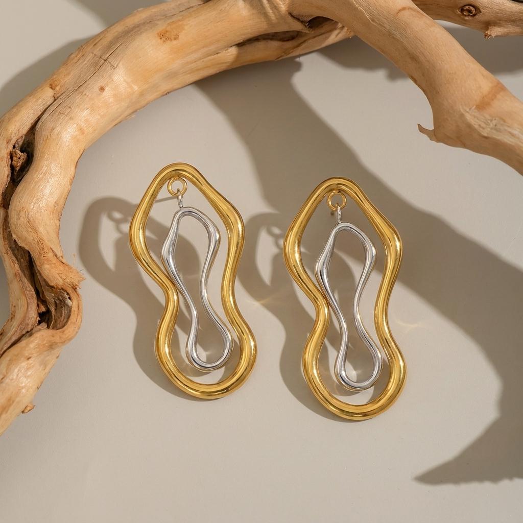 Unique Stainless Steel Drop Earrings for Women Irregular Hollow Two-Tone Geometric Earrings Daily Wear Fashion Jewelry Gift
