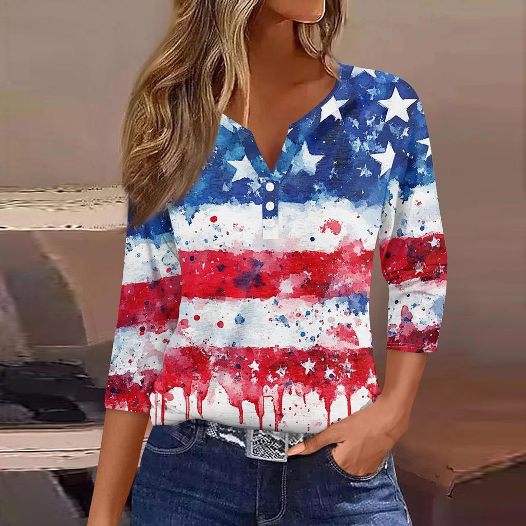 T-skjorte for kvinner T-skjorte med knapp 3/4 ermer Daglig helgmote Basic V-hals vanlig topp