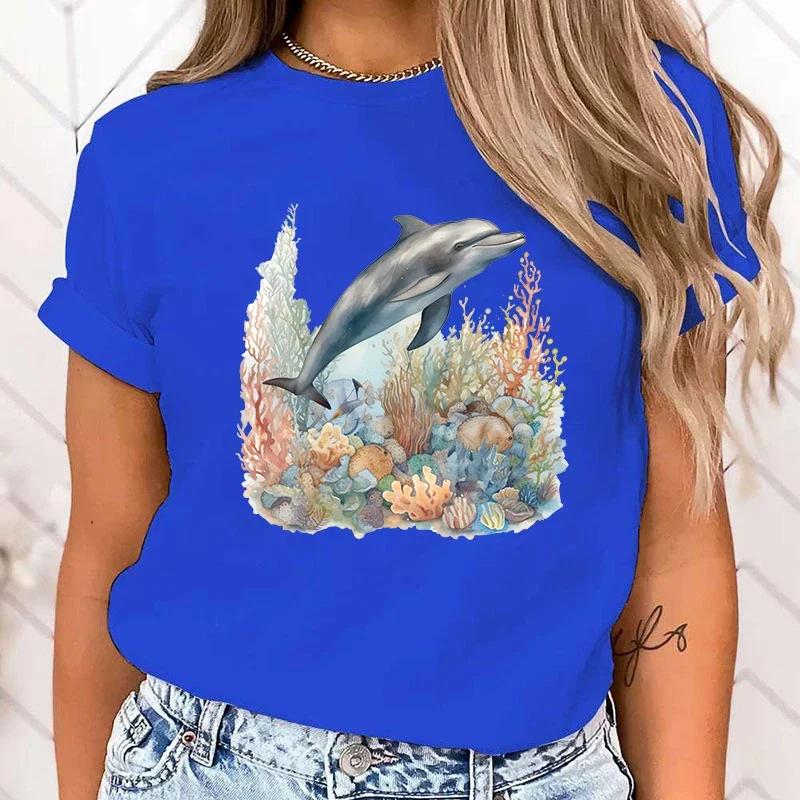Premium T-shirt Funny Dolphin Print T-Shirts For Women Summer Round Neck Tee Shirt Femme Fashion Casual T-Shirts Fast Delivery