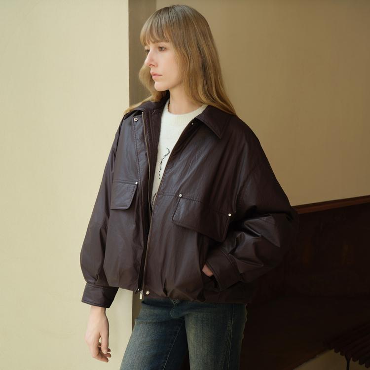 ELLE Design Francês Gola Lisa Cor Sólida Minimalista Básico Solto Confortável Jaqueta de Penas Feminina Roupa Exterior Marrom Escuro L7AYM005