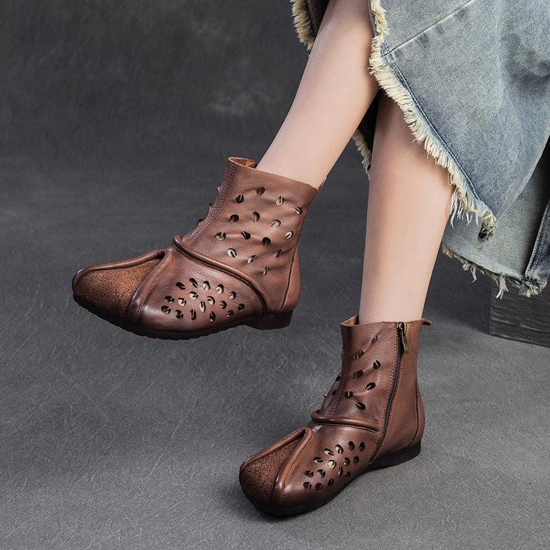 Shanghai Jiezhou 2024 Sandales Bottes Hautes Découpes Rétro en Cuir de Vachette - Chaussures Décontractées Confortables Polyvalentes pour Femmes