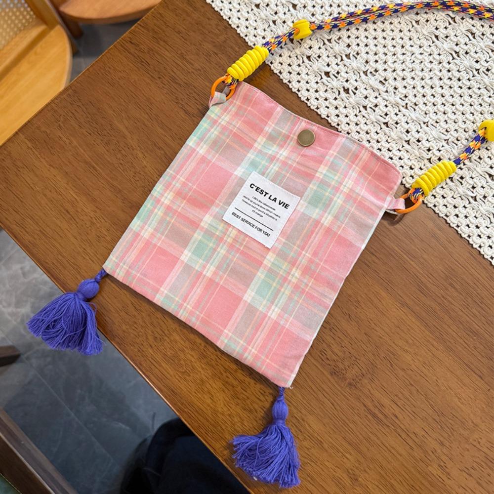 

Printed Ethnic Style Crossbody Bag Retro Tassel Shoulder Bag Portable Plaid Canvas Bag Travel Style 3