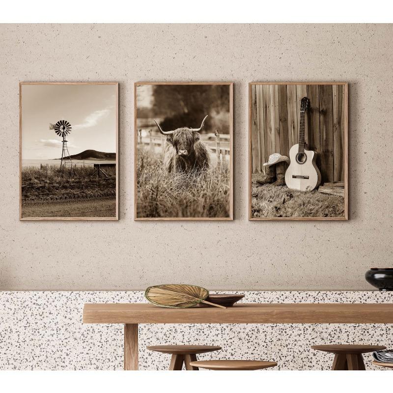 Retro Abstract Farm Landscape Cowboy Haystack Cow Guitar Poster Canvas Painting Printing Art Picture Home Room Wall Decor Gift